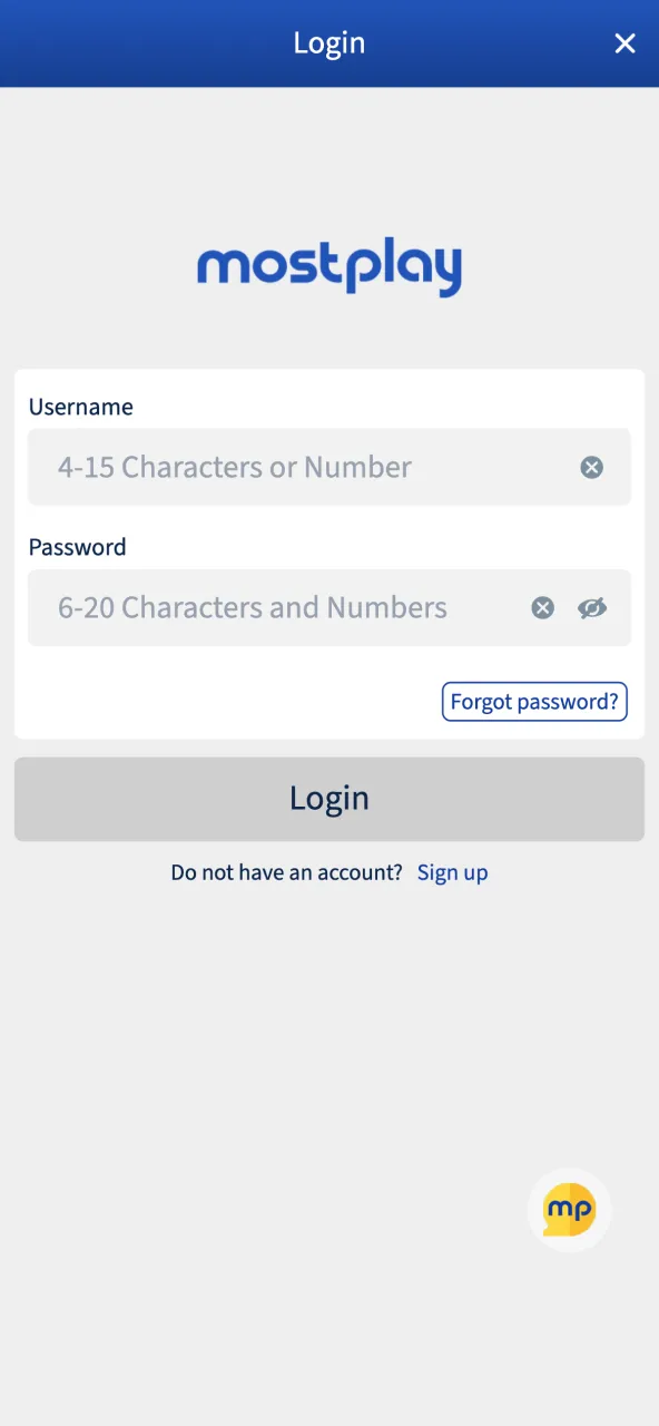 Use the shortcut to log in or sign up for MostPlay.