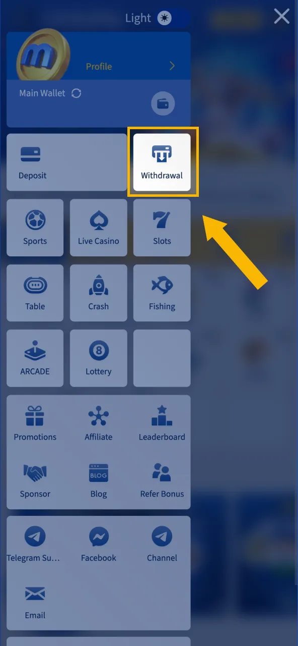 Open the 'Withdrawals' section on MostPlay for cashing out.